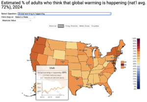 Yale Climate Opinion Maps 2024 thumbnail map showing belief that global warming is happening in Utah increasing over time.